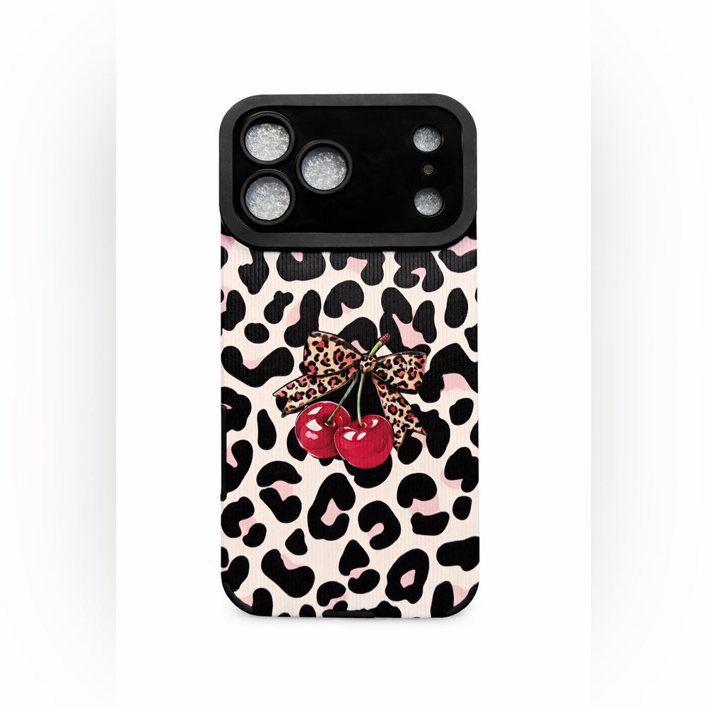 iPhone Phone Case Vertical Stripes Animal Print Cherry PU Leather Texture